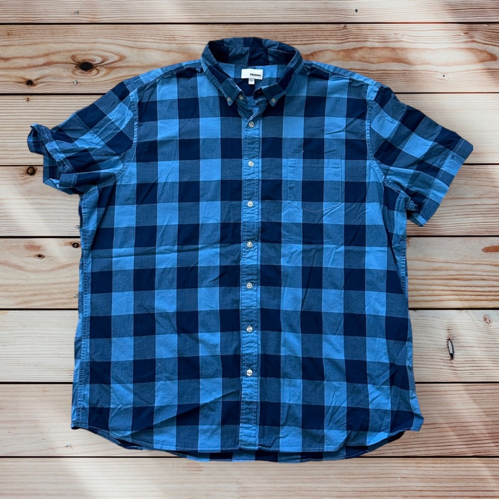 Men's Sonoma XXL Short Sleeve Dark Blue/Light Blue Plaid Casual Button Down Shir